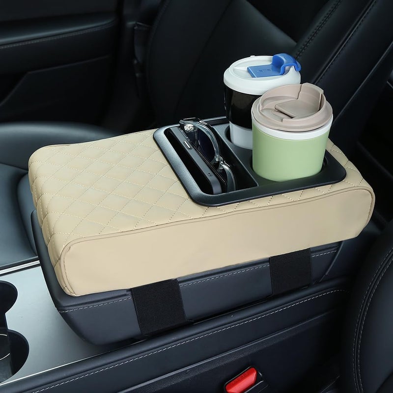 Supin Car Armrest Cushion - Multifunctional Faux Leather Armrest Cushion with Cup Holder, Phone Storage, and Ergonomic Design for All Seasons (Beige) - Image 1